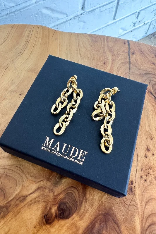 Textured Gold Earrings-18K Double Chain Earrings