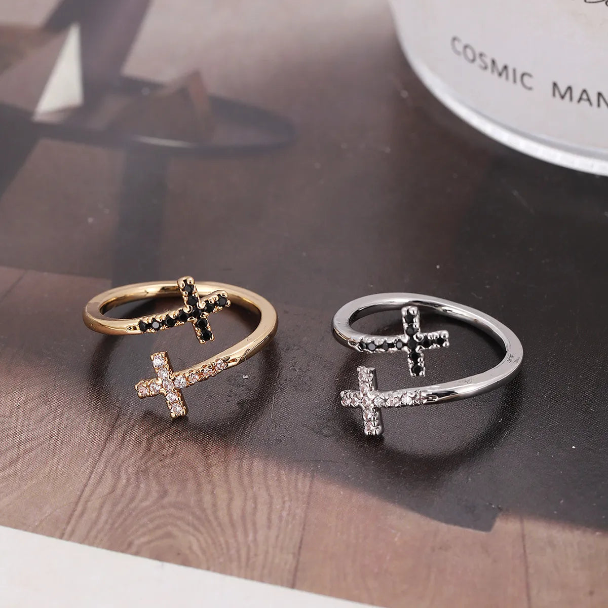 Simple Wedding Band Set-Simple Style Classic Style Cross Copper Zircon Open Rings In Bulk