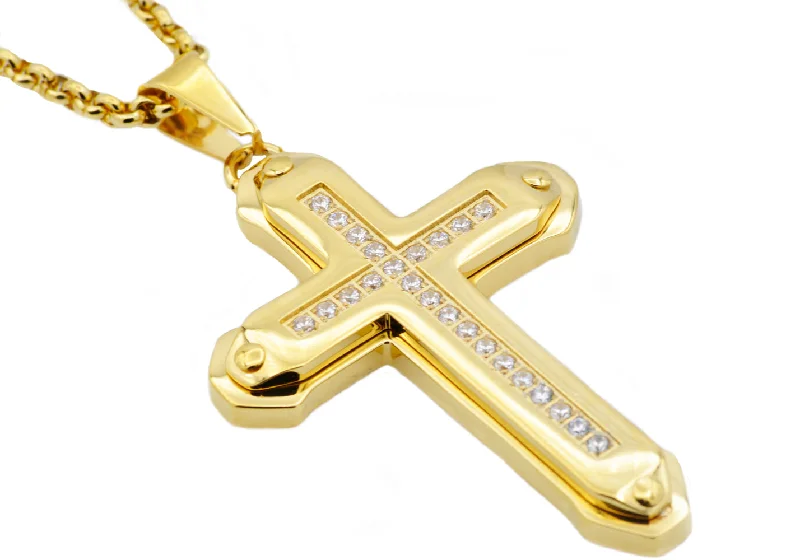 Classic Beaded Necklace-Mens Gold Stainless Steel Cross Pendant Necklace With Cubic Zirconia