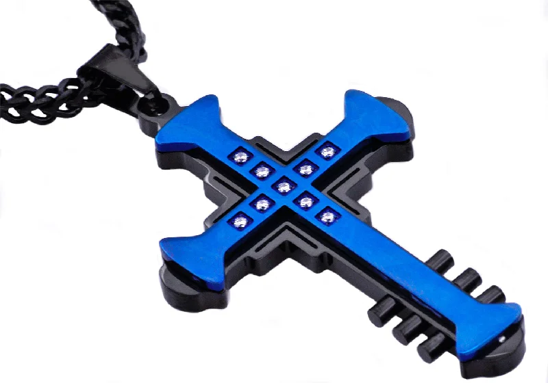 Modern Pendant Necklace-Mens Black And Blue Stainless Steel Cross Pendant Necklace With Cubic Zirconia