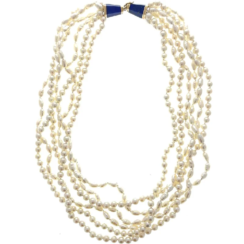 Statement Heart Necklace-Estate 14K Yellow Gold Lapis Lazuli Clasp & Freshwater Pearl Multi Strand Necklace