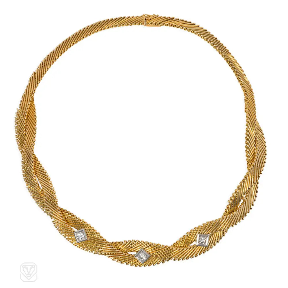 Fashion Silver Pendant Necklace-Mid-century gold wire twist necklace with diamonds