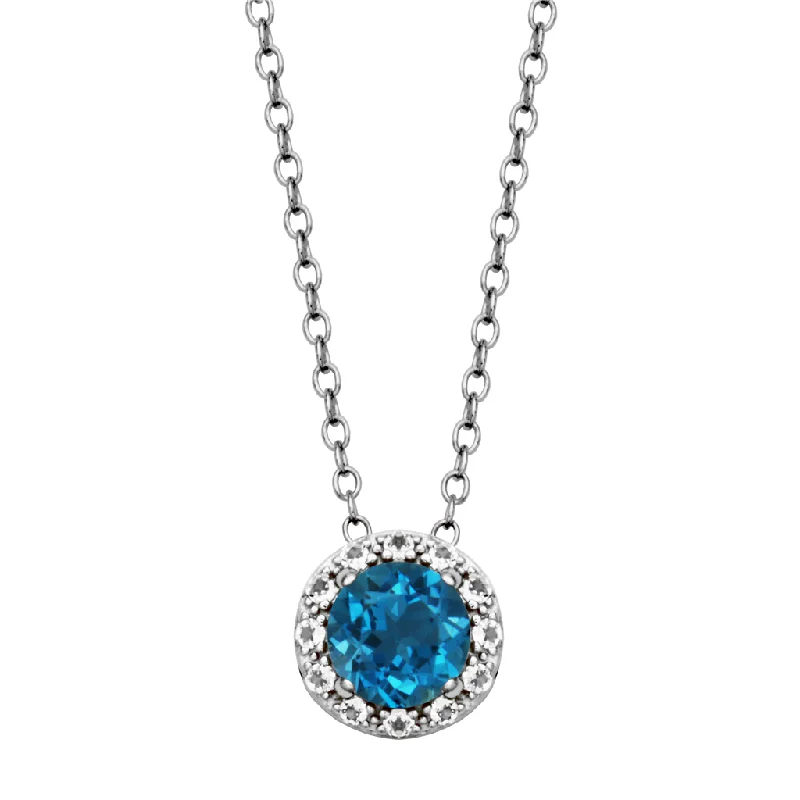 Long Chain Pendant Necklace-Sterling Silver London Blue Topaz & White Topaz Halo Necklace by Samuel B.