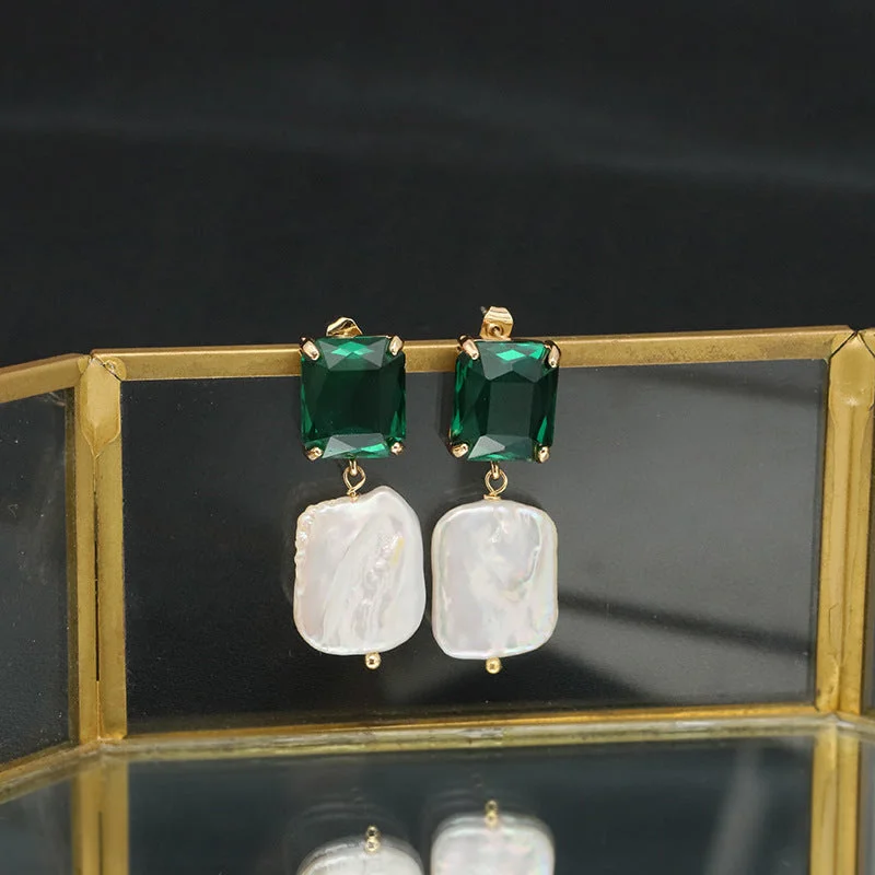 Green Square Stud Earrings White Square Baroque