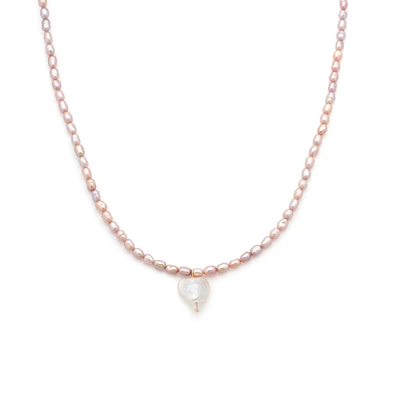 Boho Style Necklace-Heart Pearl Necklace | Mauve Pearl