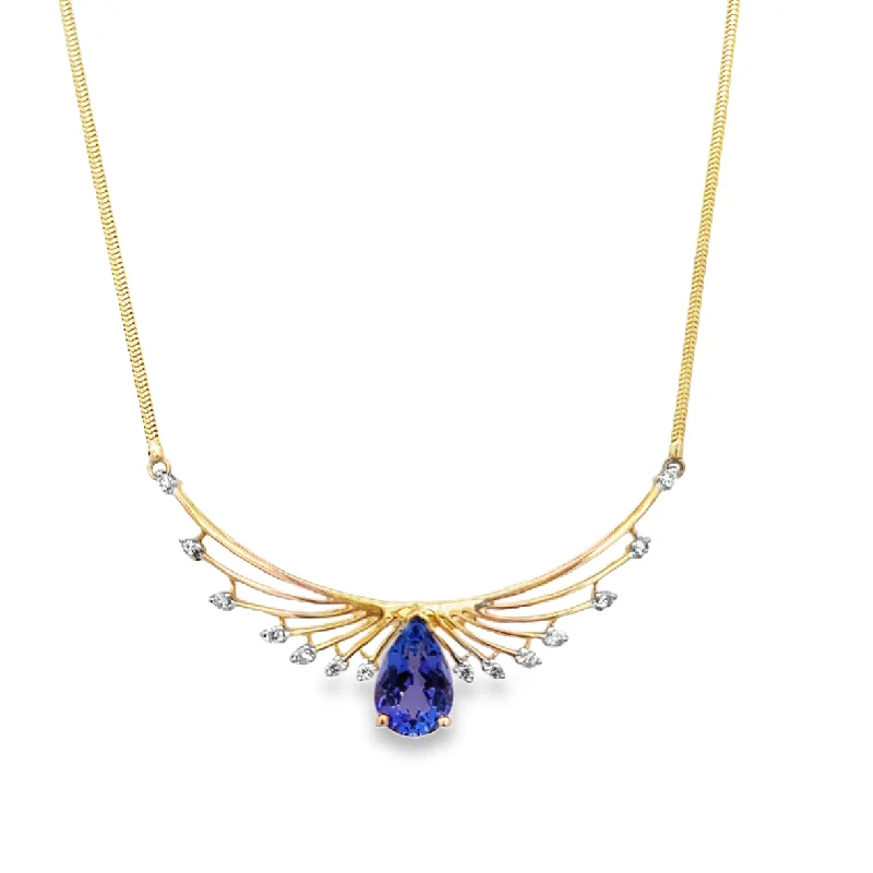 Bridal Gemstone Necklace-Tanzanite and Diamond Necklace in Yellow Gold