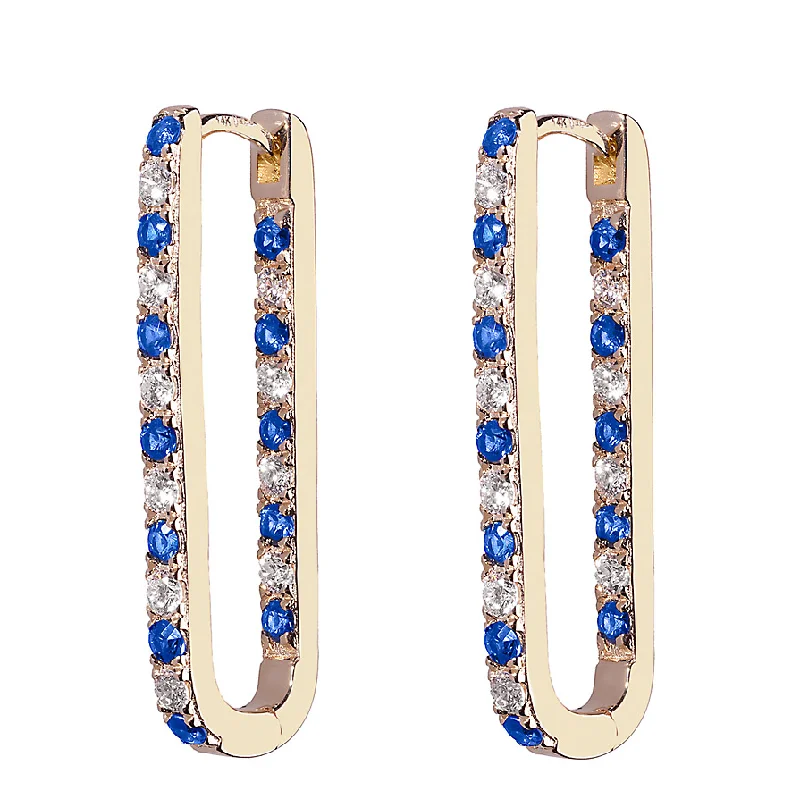 Antique Gold Earrings-Diamond + Blue Sapphire Inside Out Large Paperclip Hoop Earring