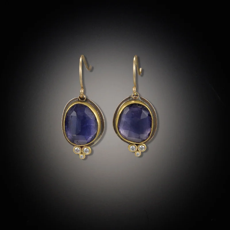 Custom Designed Earrings-Rose Cut Iolite Earrings with Tiny Diamond Trios