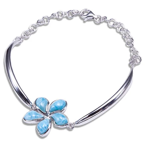 Adjustable Silver Chain Bracelet-Larimar Plumeria Sterling Silver Bracelet