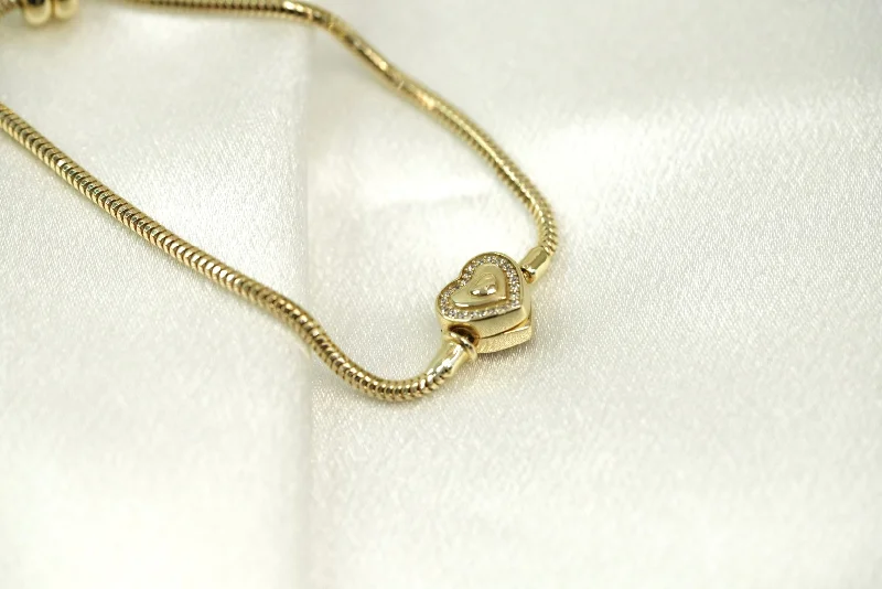 Gold Knot Bracelet-14k Cable with Crystal Heart Clasp Bracelet