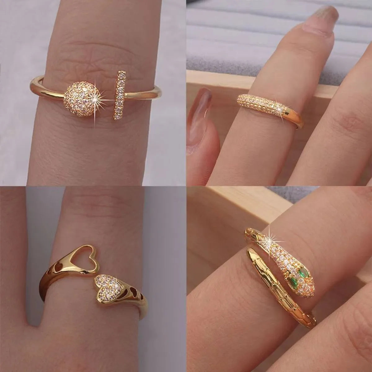 Colored Diamond Ring-Cute Sweet Animal Heart Shape Mermaid Copper Plating Inlay Zircon 18k Gold Plated Women's Open Rings