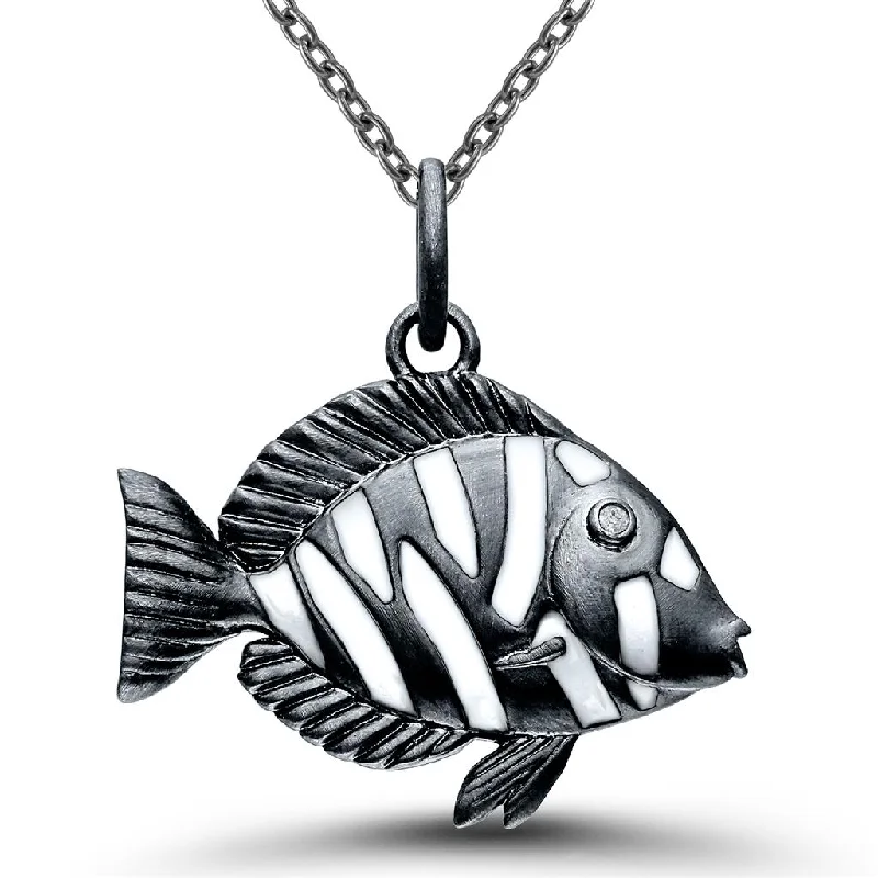 Silver Pendant with Diamonds-Sterling Silver & Black Rhodium Plated Black Diamond Fish Necklace