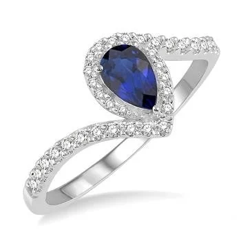 Personalized Wedding Band with Engraving-10K White Gold Pear Shaped Sapphire and Diamond Ring