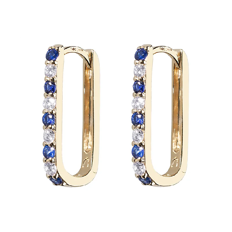 Elegant Drop Earrings-Diamond + Blue Sapphire Small Paperclip Hoop Earring