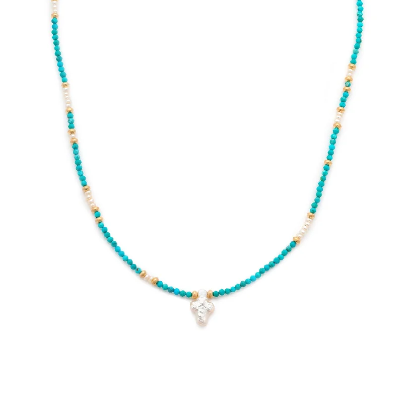 Layered Crystal Necklace-Pearl Cross Necklace | Turquoise