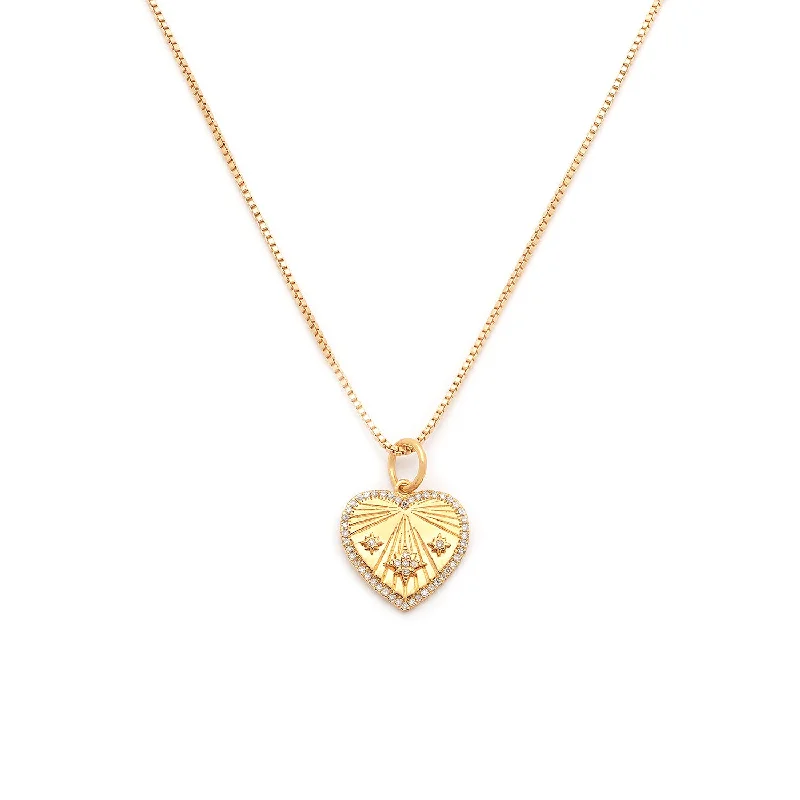 Vintage Pendant Necklace-Heart-Ray Necklace | Gold & CZ