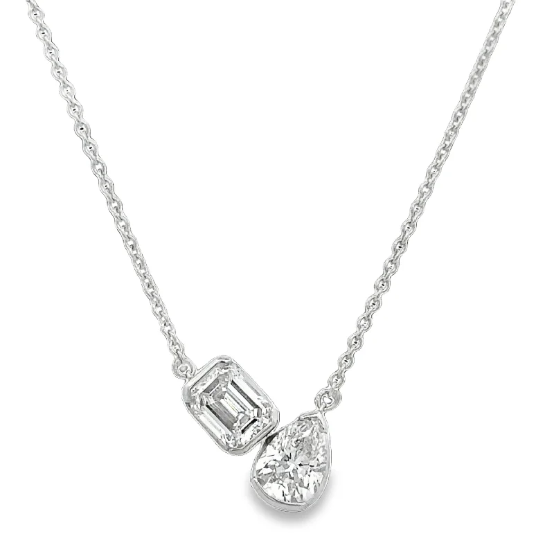 Double Gemstone Necklace-Pear Cut and Emerald Cut Diamond Necklace in White Gold