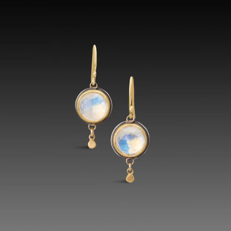 Rose Gold Drop Earrings-Round Moonstone Earrings with Gold Drops