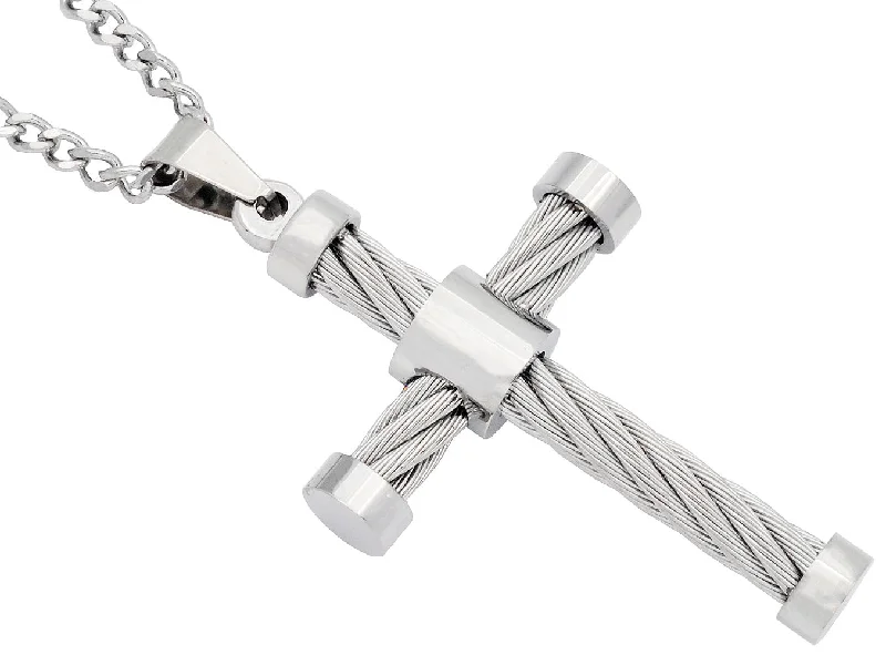 Simple Choker Necklace-Mens Stainless Steel Cable Cross Pendant Necklace