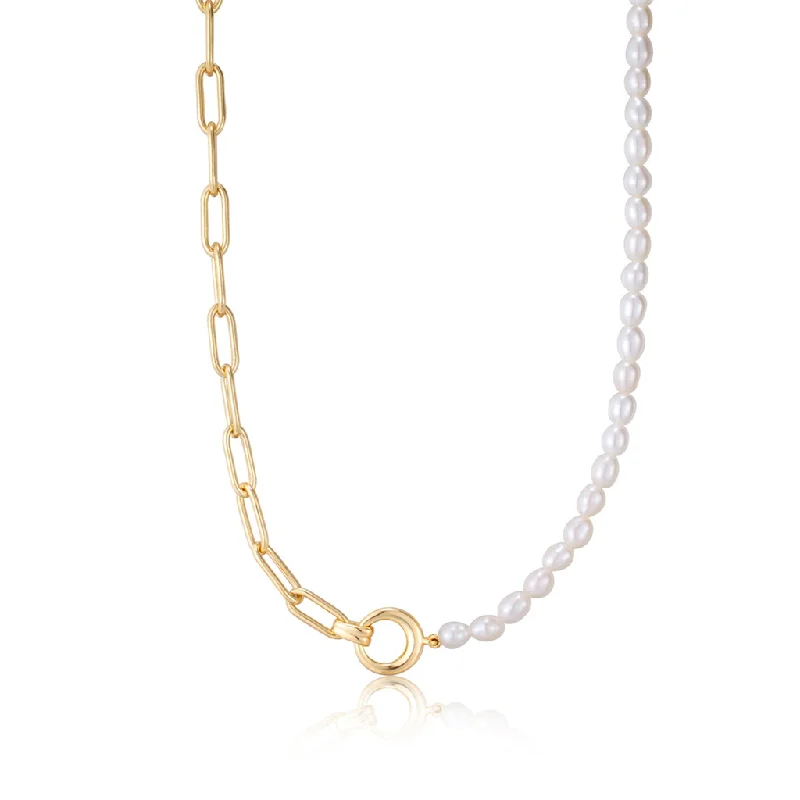 Opal Gemstone Necklace-Gold Plated Pearl Strand & Paperclip Chain Necklace by Ania Haie