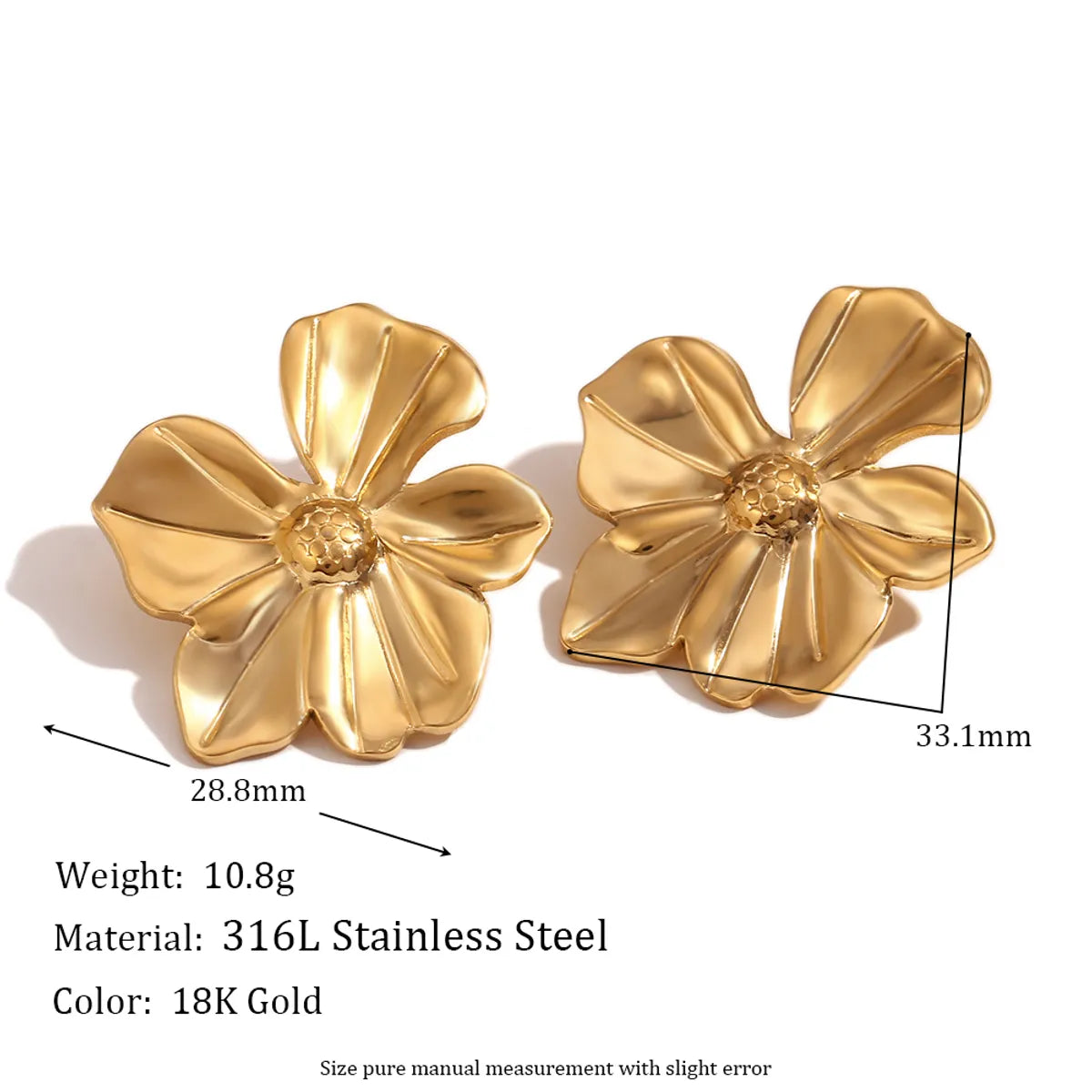 Cast Five Petal Flower Stud Earrings-Large-Gold