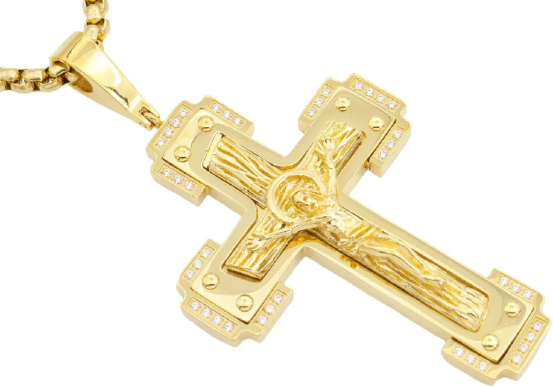 Sparkling Gemstone Necklace-Mens Gold Stainless Steel Crucifix Pendant Necklace With Cubic Zirconia