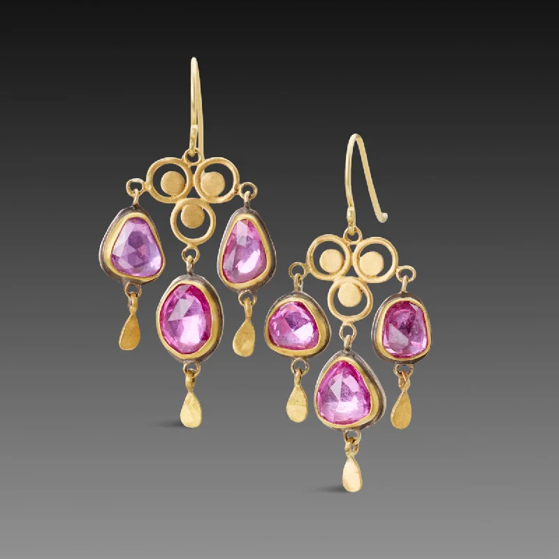 Blue Drop Earrings-Pink Sapphire Filigree Chandelier Earrings