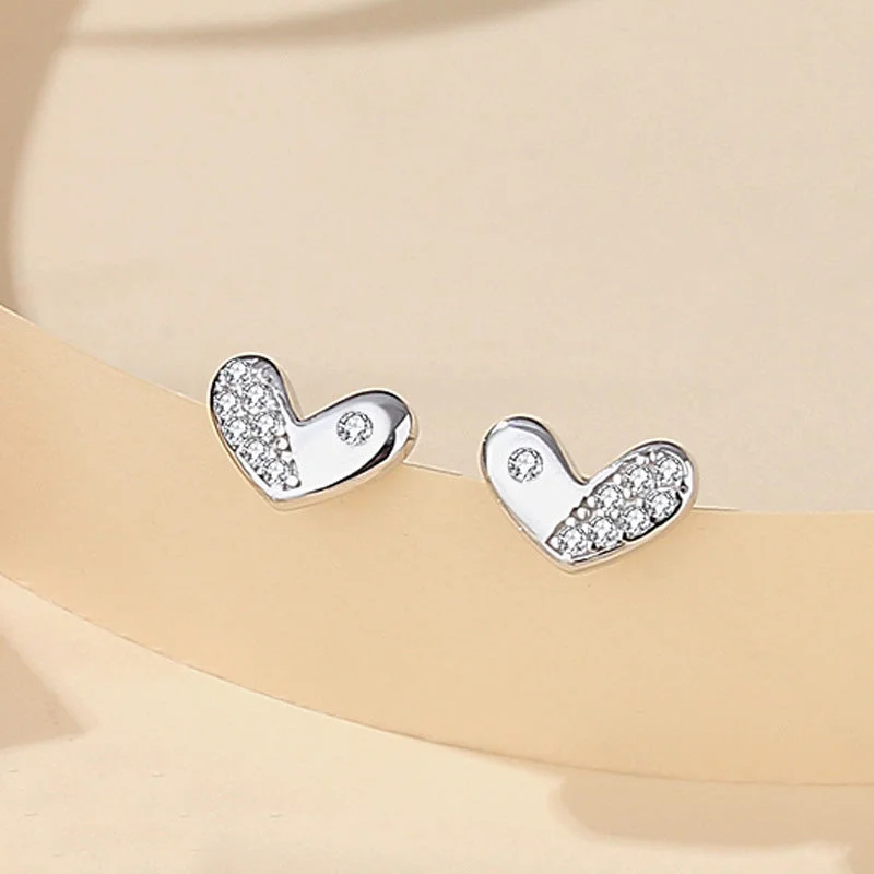 Micro-Inlaid Love Heart Stud Earrings White Gold Color