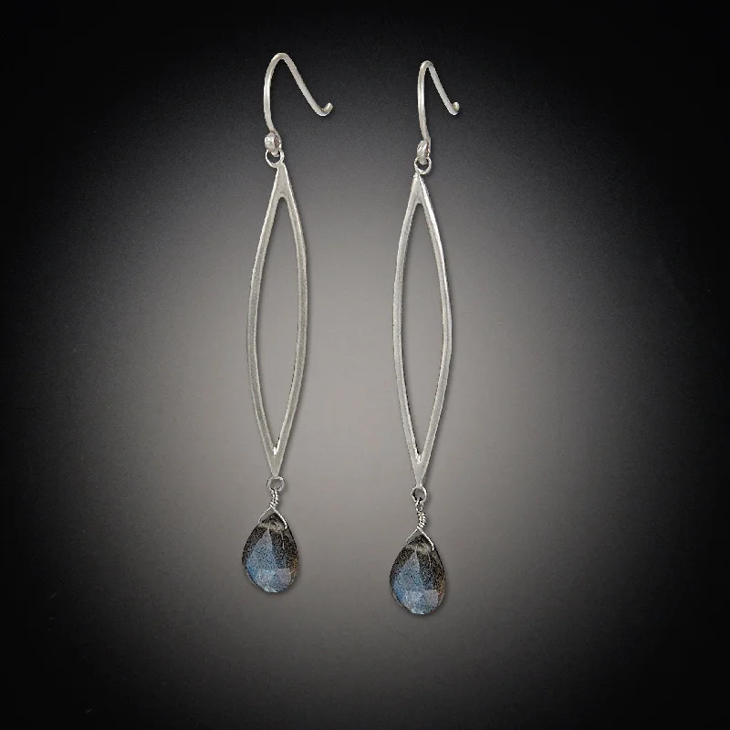 Geometric Stud Earrings-Long Open Leaf Earrings with Labradorite