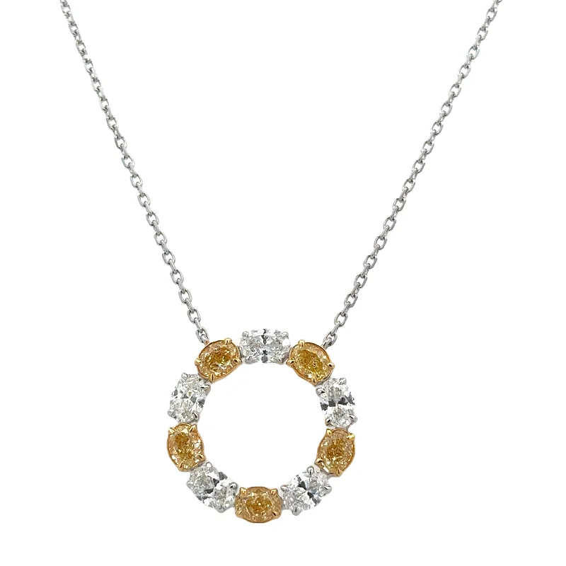 Gold Bead Chain Necklace-Oval Cut White and Fancy Yellow Diamond Circle Necklace in 18k Gold