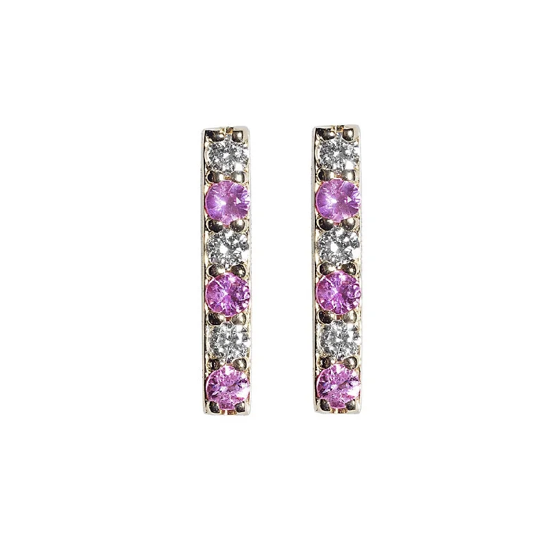 Large Crystal Earrings-Diamond/Pink Sapphire Gemstone Bar Studs