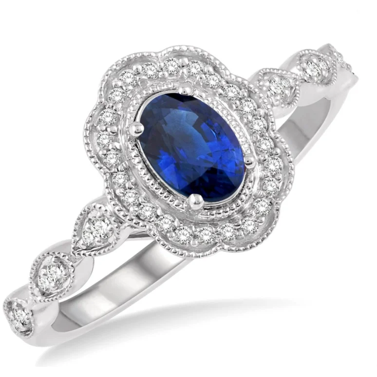 Wedding Ring with Emerald Stones-10K White Gold Oval Blue Sapphire and Diamond Halo Ring