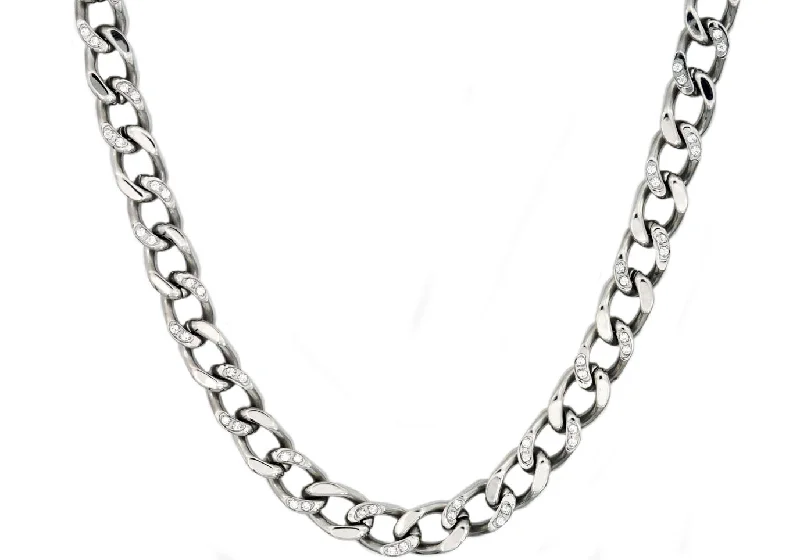 Silver Pendant Necklace-Mens Stainless Steel Curb Link Chain Necklace With Cubic Zirconia