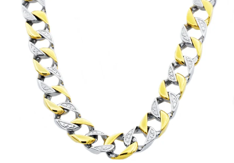 Trendy Gold Necklace-Mens 14mm Two Tone Gold Stainless Steel Pave Curb Link Chain Necklace