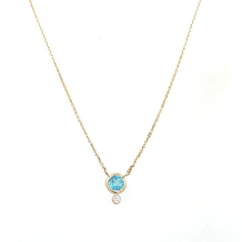 Simple Gold Bar Necklace-14K Yellow Gold 4mm Round Blue Topaz & Diamond Necklace