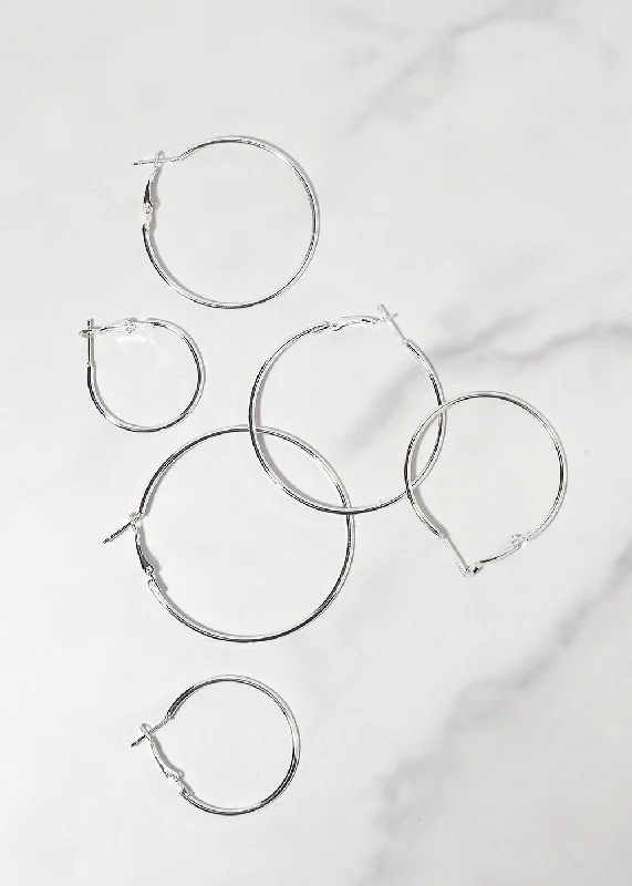 Silver Stud Earrings-6 Pair Thin Silver Hoop Earrings