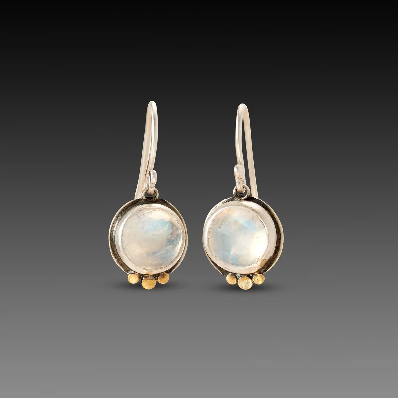 Art Deco Earrings-Round Moonstone Earrings with Gold Trios