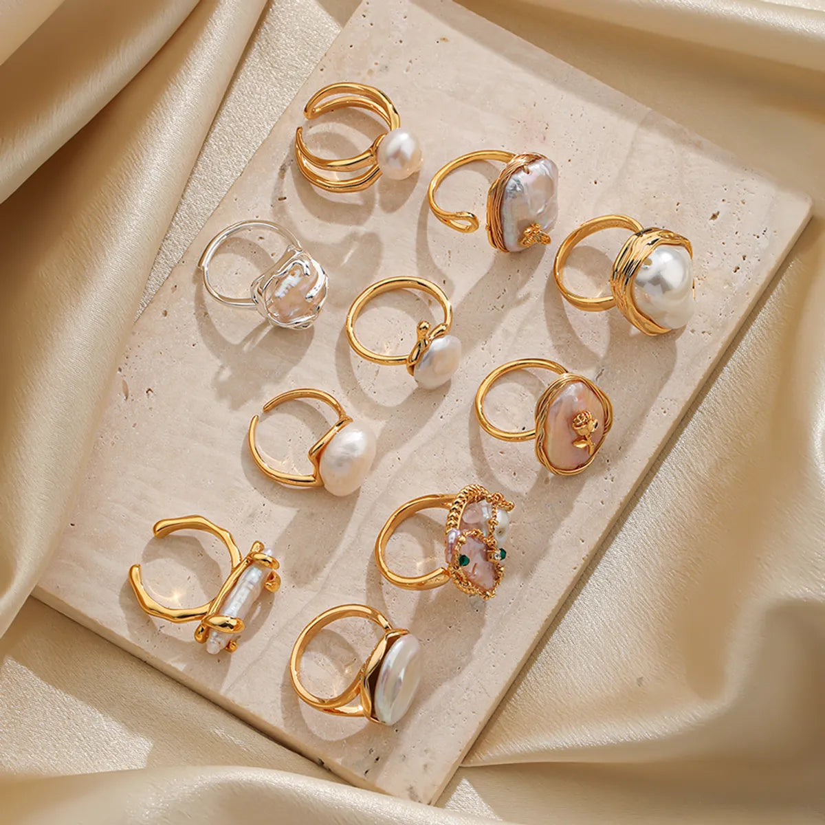 Sapphire Diamond Ring-Elegant Original Design Korean Style Round Copper Inlay Freshwater Pearl 18k Gold Plated Open Rings