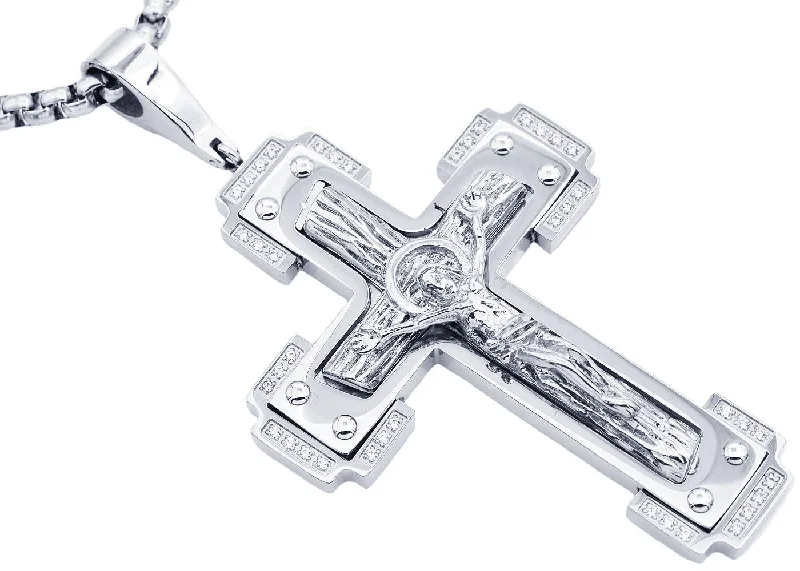 Custom Wedding Necklace-Mens Stainless Steel Crucifix Pendant Necklace With Cubic Zirconia