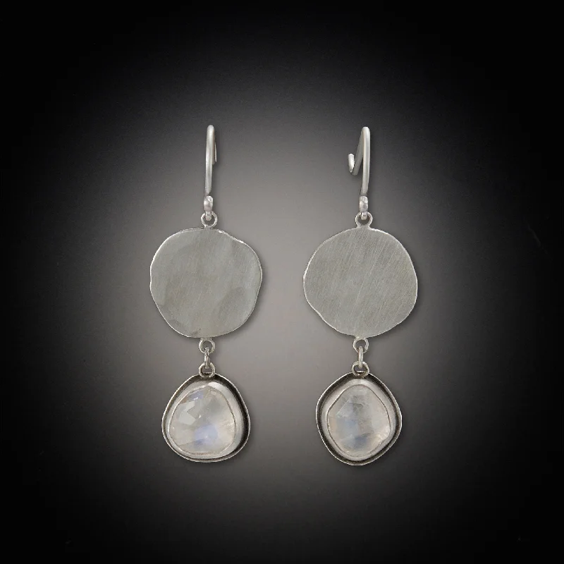 Cute Crystal Earrings-Moonstone Earrings with large hammered disks