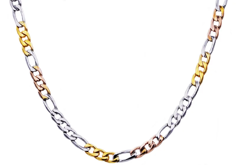 Unique Silver Necklace-Mens Tri color Yellow Gold And Gold Stainless Steel Figaro Link Chain Necklace