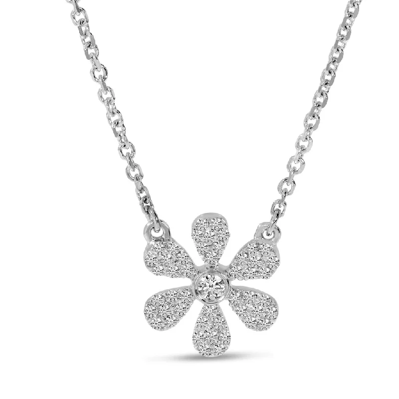 Cute Heart Necklace-14K White Gold 0.15ctw Diamond Flower Necklace