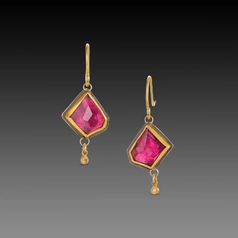 Gold and Diamond Earrings-Geometric Pink Tourmaline Earrings