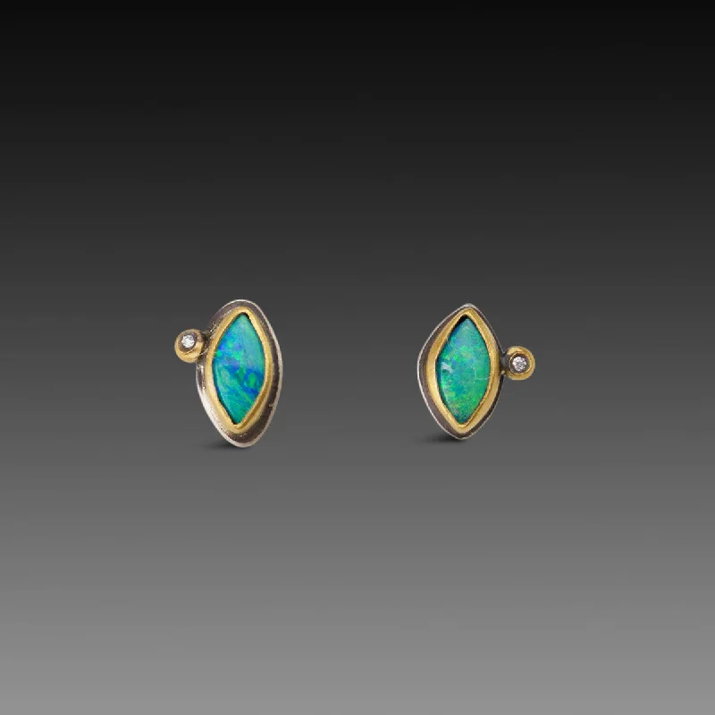 Pretty Gold Earrings-Tiny Australian Opal Stud Earrings with Diamonds