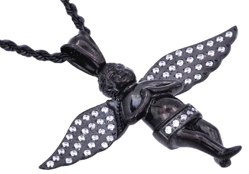 Tropical Necklace for Summer-Mens Black Stainless Steel Angel Pendant Necklace With Cubic Zirconia