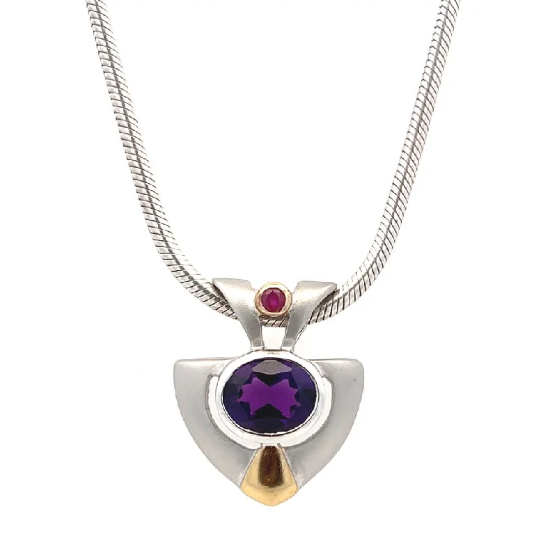 Bright Sapphire Necklace-Estate Sterling Silver 2.54ctw Oval Amethyst & Synthetic Ruby Necklace