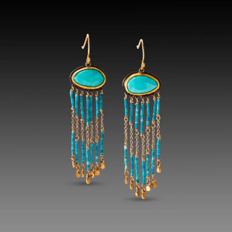 Custom Drop Earrings-Turquoise & Gold Beaded Fringe Earrings