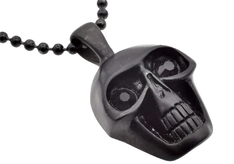 Retro Silver Necklace-Mens Black Stainless Steel Black Cubic Zirconia Skull Pendant Necklace With 24" Chain