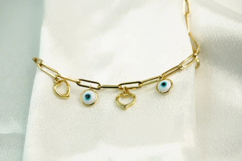 Designer Diamond Bracelet-14k  Heart and Blue Eye pendants in Clip Bracelet