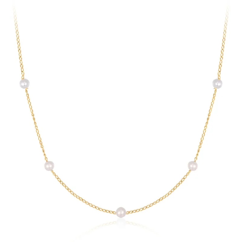 Boho Style Necklace-14K Yellow Gold Pearl Station Necklace by Aurelie Gi